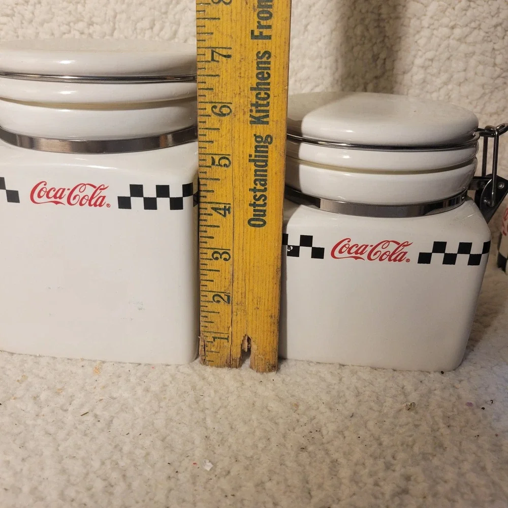 Coca-Cola Gibson Ceramic Canister Set 3pc White‎ Diner Checkered Retro 2002